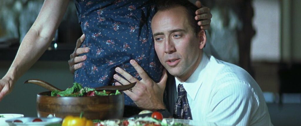 Matchstick Men - Ridley Scott - Nicolas Cage - Sheila Kelley - Roy Waller - Kathy - ending - pregnant - salad - table