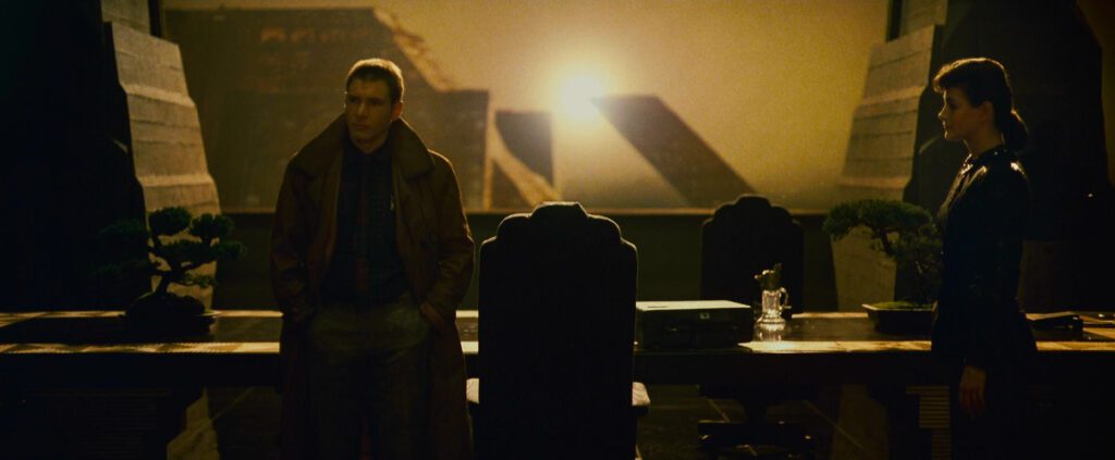 Blade Runner - Ridley Scott - Harrison Ford - Rick Deckard - Sean Young - Rachael - Tyrell Corporation - replicants - conference room - bonsai