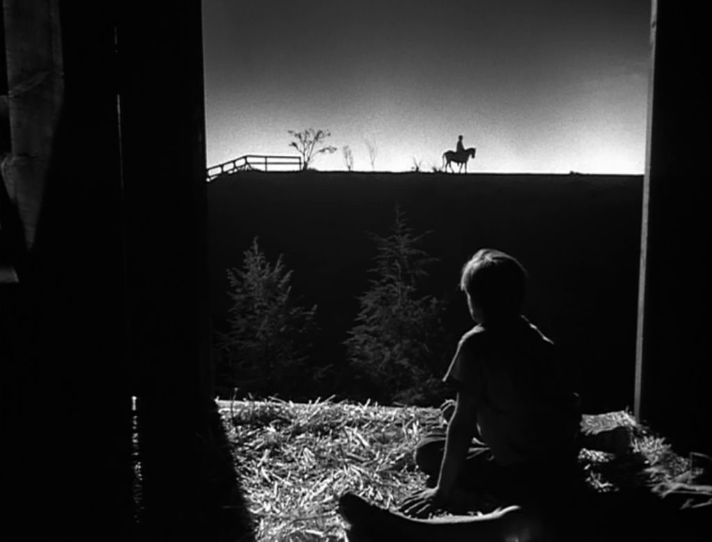 The Night of the Hunter - Charles Laughton - Robert Mitchum - Billy Chapin - Harry Powell - John Harper - horse - silhouette