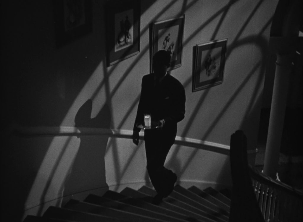 Suspicion - Alfred Hitchcock - Cary Grant - Johnnie Aysgarth - glass of milk - stairway